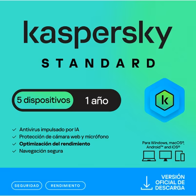 Licencia De Antivirus Kaspersky Standard Kl1041zdefs Periodo De Duración De 1 Año 5 Dispositivos Producto Digital Descargable Compatible Con Windows, Mac Color Verde, Azul