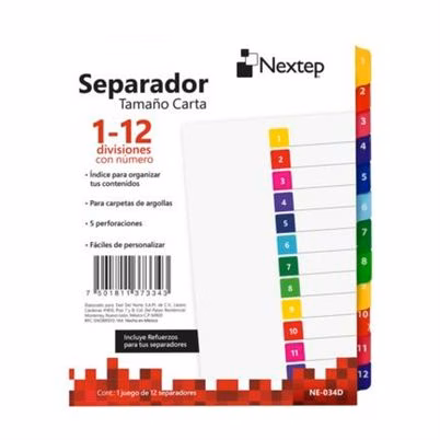 Separador Nextep Ne-034d Con 12 Divisiones Con Numero 5 Perforaciones Compatibilidad Para Carpetas De Argollas Incluye Refuerzos Para Separadores Colores Variados