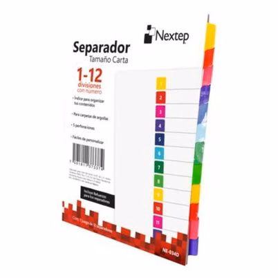 Separador Nextep Ne-035d 12 Divisiones Sin Numero 5 Perforaciones Compatibilidad Para Carpetas De Argollas Incluye Refuerzos Para Separadores Transparente
