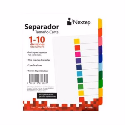 Separador Nextep Ne-035z Con 10 Divisiones Sin Numero 5 Perforaciones Compatibilidad Para Carpetas De Argollas Incluye Refuerzos Para Separadores Colores Variados