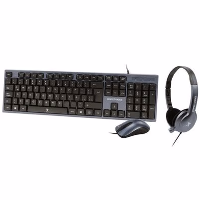 Kit De Teclado/Mouse/Audifonos Perfect Choice Pc-201700 Óptico 1000 Dpi, Diadema Binaural Alambrico Negro