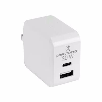 Cargador de Pared Perfect Choice PC-240426 de 30W en Color Blanco con Puerto USB 2.0 y USB Tipo-C