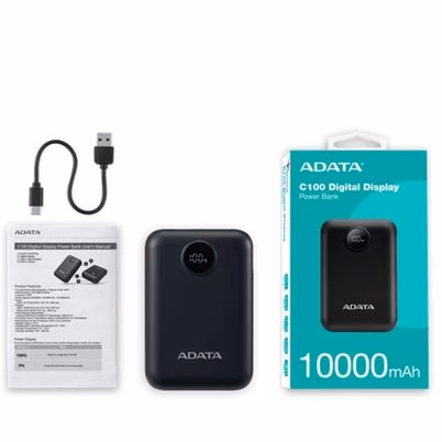 Power Bank Adata C10022 Portátil de 10000mAh en Color Negro con Carga Rápida y Doble Puerto USB
