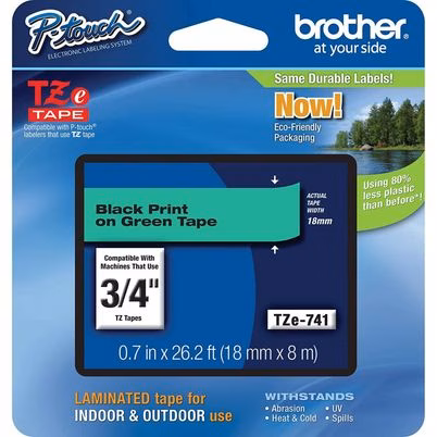 Cinta Adhesiva Brother TZE-741 para Etiquetadoras - Negro sobre Verde 18mm